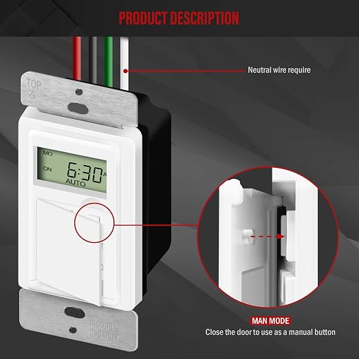 ENERLITES Programmable Digital Timer Switch for Lights, Fans, Motors, 7-Day 18 ON/OFF Timer Settings, Single Pole, Neutral Wire Required, UL Listed, HET01-C, White, 2 Pack