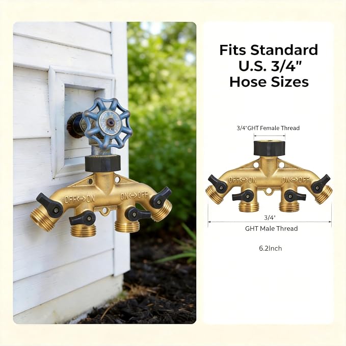 ‌VANCOCO 4 Way Garden Hose Splitter, 3/4" Heavy Duty Solid Brass Hose Splitter With 4 Shut-off for Outdoor Faucet & Garden Hose