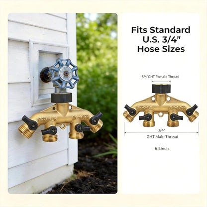 ‌VANCOCO 4 Way Garden Hose Splitter, 3/4" Heavy Duty Solid Brass Hose Splitter With 4 Shut-off for Outdoor Faucet & Garden Hose