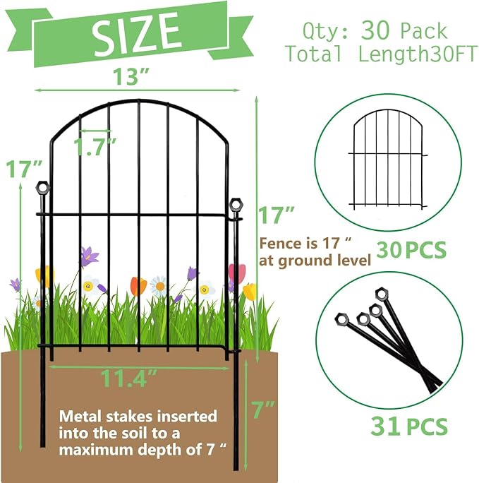 Decorative Garden Fence 17in x30ft, 30 Pack Rustproof Metal No Dig Fence Animal Barrier for Dog, Arched Flower Bed Edging Ornamental Wire Border Panel Fencing (Black, 30 Panels-17in(H) x30ft(L))