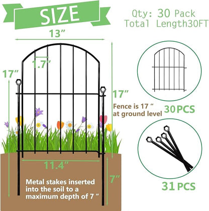 Decorative Garden Fence 17in x30ft, 30 Pack Rustproof Metal No Dig Fence Animal Barrier for Dog, Arched Flower Bed Edging Ornamental Wire Border Panel Fencing (Black, 30 Panels-17in(H) x30ft(L))