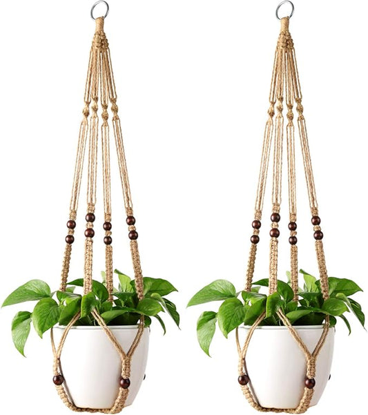 Mkono Macrame Plant Hanger Indoor Jute Hanging Planter Basket with Wood Beads Decorative Flower Pot Holder No Tassels for Indoor Outdoor Boho Home Decor 35 Inch, Brown, Set of 2 (POTS NOT Included)