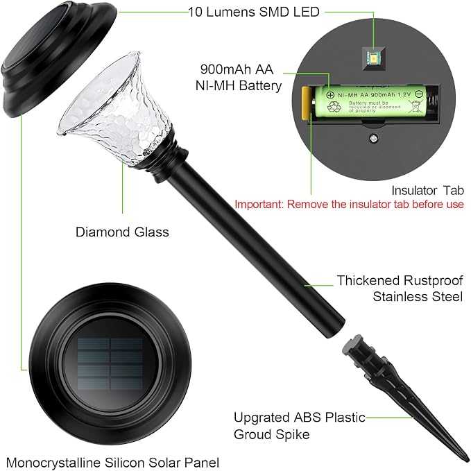 Glass Solar Lights Outdoor waterproof, 2 Pack Super Bright Solar Pathway Lights, Up to 12 Hrs Long Last Auto On/Off Garden Lights Solar Powered, Stainless Steel LED Light For Yard Landscape Warm White