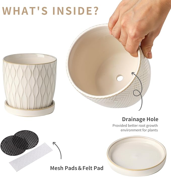 Nihow Ceramic Plant Pots with Drainage Hole & Saucer, 4.75 Inch, White-3 | Small,Embossed Design, For Succulent, Cactus, Little Snake, Indoor Plants