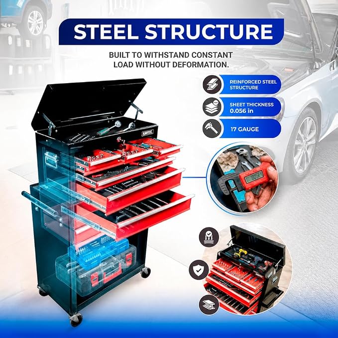 Hantec Tool Chest 9-Drawer Rolling Cabinet – Heavy-Duty Steel with Lockable Wheels, Keyed Lock & Ball-Bearing Drawers, 220 lbs Capacity, 20.1" W x 39.4" H, Organizer for Garage & Workshop (Red)