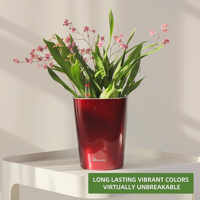 Dexceder 6x7 Self Watering Planter (Wine Red) | High Gloss Table Flower Plant Pot with Water Level Indicator Indoor Outdoor