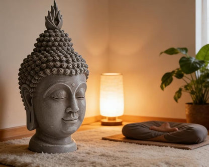 Buddha Head Statue Zen Meditation Decoration, 11 inch Resin Stone Gray Buddha Head Statue for Buddhist Spiritual Altar Decoration Buddhism Gifts