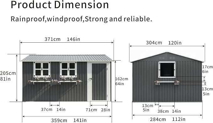 KEIKI 12x10 FT Outdoor Metal Storage Shed with 3 Clear Windows, Flower Rack Lockable Single Door Heavy Duty Steel Tool Shed Waterproof Rust Resistant Windproof for Backyard Garden Patio, Grey