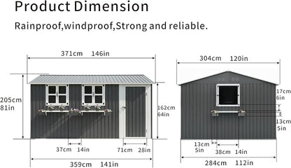 KEIKI 12x10 FT Outdoor Metal Storage Shed with 3 Clear Windows, Flower Rack Lockable Single Door Heavy Duty Steel Tool Shed Waterproof Rust Resistant Windproof for Backyard Garden Patio, Grey