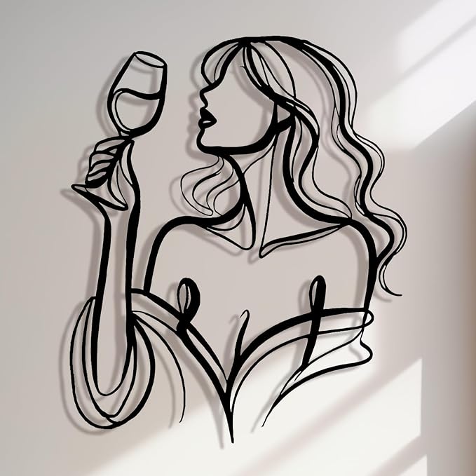 LIYAOLI 3D Metal Wall Sculpture Decor - Black Wall Art of Woman Drinking Wine, Waterproof Kitchen Line Art, Unique Modern Metal Art for Dining Room, Bar, Living Room, Bedroom