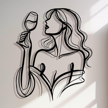 LIYAOLI 3D Metal Wall Sculpture Decor - Black Wall Art of Woman Drinking Wine, Waterproof Kitchen Line Art, Unique Modern Metal Art for Dining Room, Bar, Living Room, Bedroom