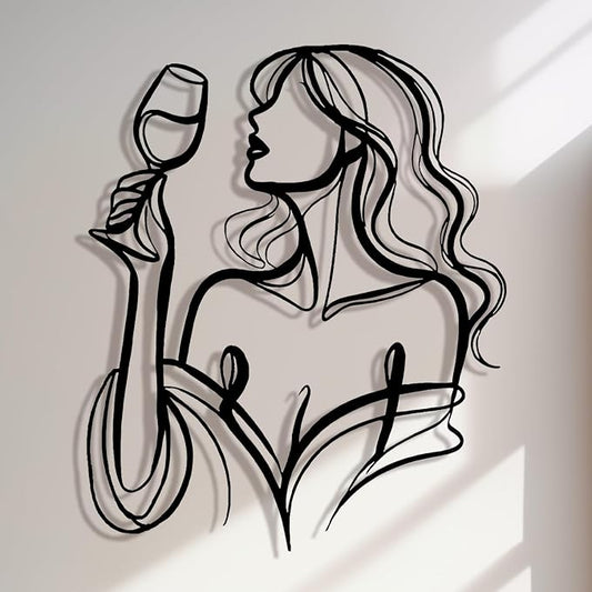 LIYAOLI 3D Metal Wall Sculpture Decor - Black Wall Art of Woman Drinking Wine, Waterproof Kitchen Line Art, Unique Modern Metal Art for Dining Room, Bar, Living Room, Bedroom