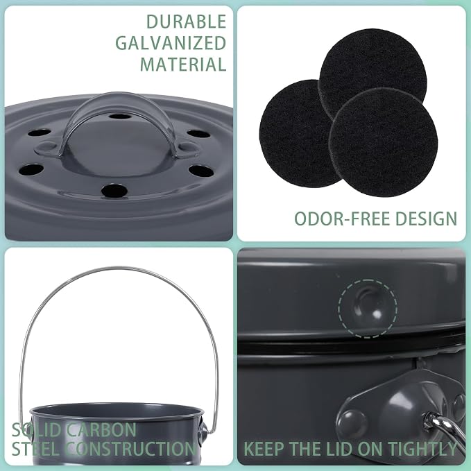 Vipush Compost Bin Kitchen Countertop Composter with lid – Small Compost ContainerI Includes Inner Compost Bucket Liner & Charcoal Filter, Grey