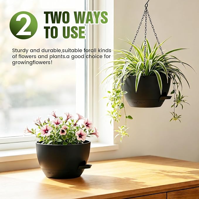 8 Inch Self Watering Hanging Planters Set of 3 with Saucers | Set of 3 8-inch self-watering hanging planters with side-fill watering ports, chain hangers & snap-on saucers