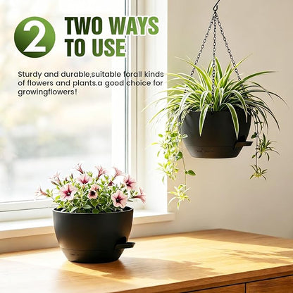 8 Inch Self Watering Hanging Planters Set of 3 with Saucers | Set of 3 8-inch self-watering hanging planters with side-fill watering ports, chain hangers & snap-on saucers