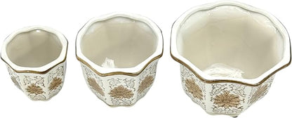 Galt International Brown & White Floral Porcelain Ceramic Decorative Flower Pot 8"/6"/4.5" Garden Pots Chinese Asian Design - Set of 3 Brown & White Fluted