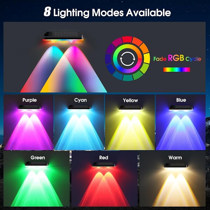 AUDLES Solar Fence Lights Outdoor Waterproof LED, 8 Modes Warm & RGB 6 Color Changing Solar Powered Flood Wall Lights, Solar Light for Step, Pathway, Garden, Deck, Stairs Decor- 12 Pack