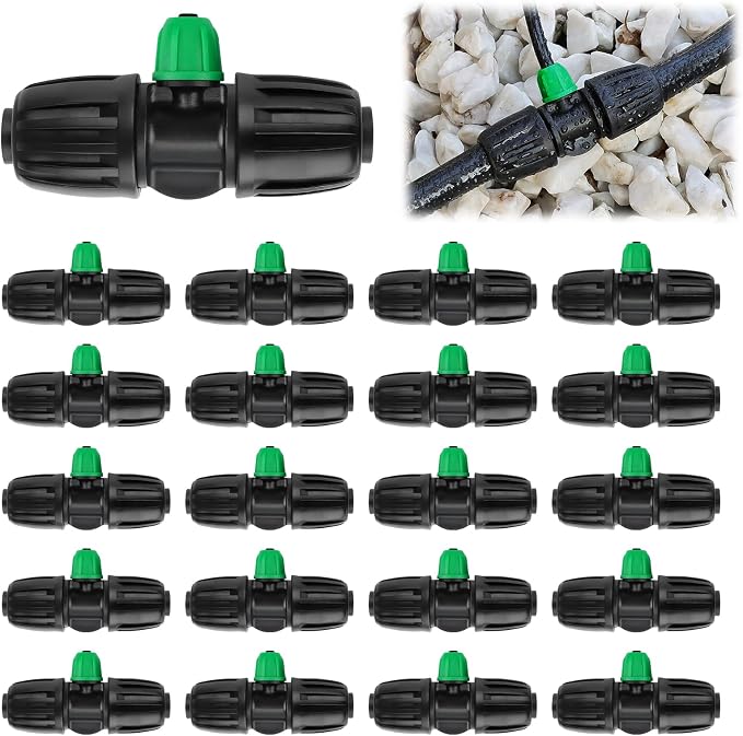 Kalolary 20PCS Locked Barbed Tee Connectors, 1/2” to 1/4” Drip Irrigation Fittings Kit 12/16mm to 4/7mm Tube Lock Female Connector 3-Way Barbed Lock Irrigation Parts for Watering System (Black Green)