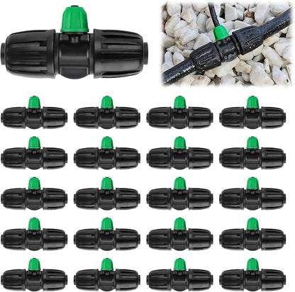 Kalolary 20PCS Locked Barbed Tee Connectors, 1/2” to 1/4” Drip Irrigation Fittings Kit 12/16mm to 4/7mm Tube Lock Female Connector 3-Way Barbed Lock Irrigation Parts for Watering System (Black Green)