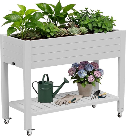 33.7" Tall Raised Garden Bed with Wheels, Divisible Resin Planter Box with Drainage Gauge & Storage Shelf, Herb Planter for Garden Patio Backyard, Medium Ashen (33.7" h)
