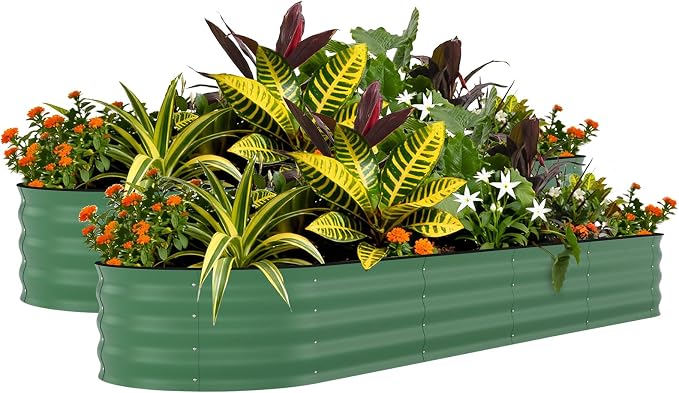 GarveeTech Oval Raised Garden Bed 8x2x1.5 ft - 0.6mm Thick Metal Raised Bed, Rust & Corrosion Resistant, Open Bottom for Drainage, Anti-Cut Strip Included, for Vegetables Flowers Planting, 2 PCS