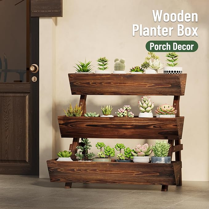 3-Tier Vertical Wooden Raised Garden Bed, Freestanding Garden Planter Box, Wood Flower Rack, Planter Box for Herbs, Vegetables, Outdoor Indoor Use, Large-Brown, Large-Carbonized