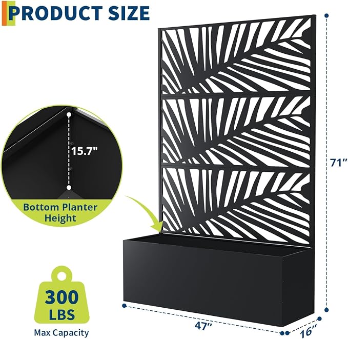 GarveeLife Metal Planter Box with Trellis, 71"x47"x16" Raised Garden Bed for Climbing Plants, Vegetables, Vines, Privacy Planters for Patio with Drainage Holes, 15.7" Deep Planting Bed