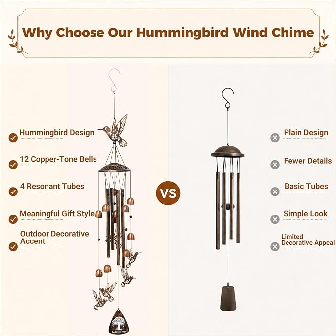 Hummingbird Wind Chimes for Outside, Metal Outdoor Wind Chime with Aluminum Tubes, Hummingbird Garden Decor for Patio Porch Yard, Memorial Sympathy Gift for Mom Women