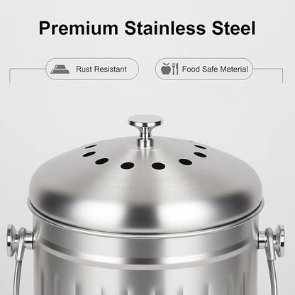 1.3 Gallons 5L Brushed Stainless Steel Kitchen Countertop Undersink Indoor Odorless Composting Compost Bin Countertop Composter with Charcoal Filter Inside Lid Brushed