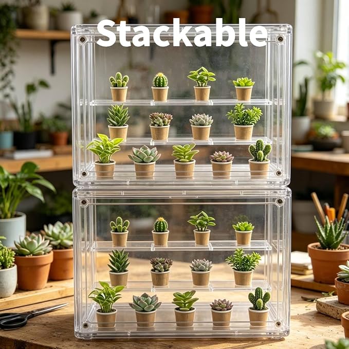 Mini Greenhouse Indoor, Clear Small Green House with Magnetic Door, Stackable Succulent Seed Starting Kit Children Nature Observation Station