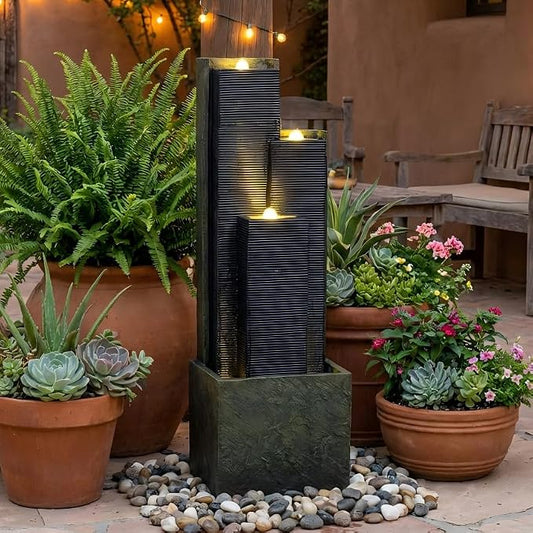 40 Inch Outdoor Water Fountain with LED Light, Modern Cascading Freestanding Resin Waterfall Feature, Tall Garden Decor for Patio Porch Lawn Backyard