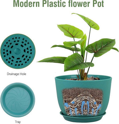 Meowell Plant Pots 12 inch, Plastic Planters with Drainage Holes and Saucers, Large Flower Pots for Indoor Outdoor Plants, Modern Decorative Pots for Garden House Plants, Blue Green