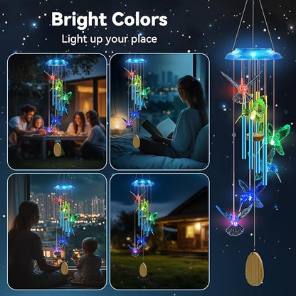 Wind Chimes,Hummingbird Solar Wind Chimes for Outside,Blue Gradation Aluminum Tubes Deep Tone Memorial Wind Bell for Garden/Patio Mobiles Decorative Gifts for Mom, Wife, Grandma Neighbors(37" Long)