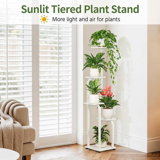 LASZOLA 5 Tiered Plant Stand Tall for Indoor Corner, Modern Multiple Flower Display Rack with Wooden Tray, Vertical Planter Shelf for Living Room Bedroom Patio Garden Balcony, White