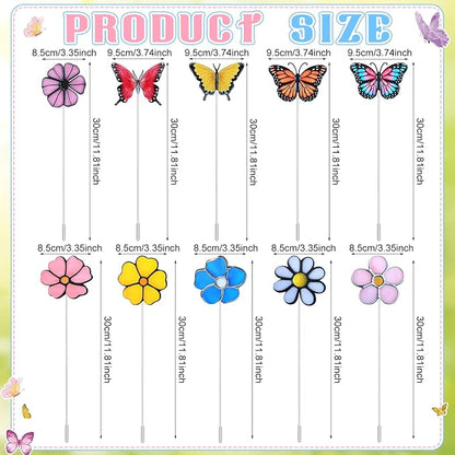 10 Pcs Metal Flower Garden Stake for Outside Outdoor 11.8" 5D Summer Flowers Butterfly Metal Sign Waterproof Decoration Landscape Ornament for Lawn Yard Garden Patio Porch Art