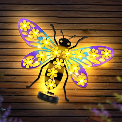 Metal Bee Outdoor Wall Decor with 30 Led Solar Lights- 13.8" Outdoor Fence Wall Art Decor, Gift for Mom Grandma Women Birthday Gardening,Hanging Decoration for Garden Patio Porch Yard