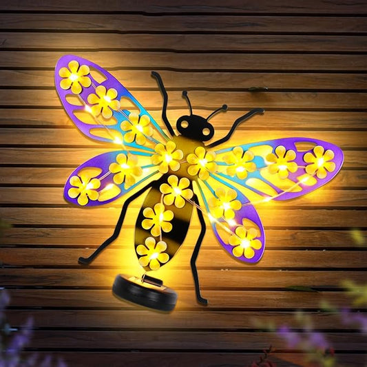 Metal Bee Outdoor Wall Decor with 30 Led Solar Lights- 13.8" Outdoor Fence Wall Art Decor, Gift for Mom Grandma Women Birthday Gardening,Hanging Decoration for Garden Patio Porch Yard