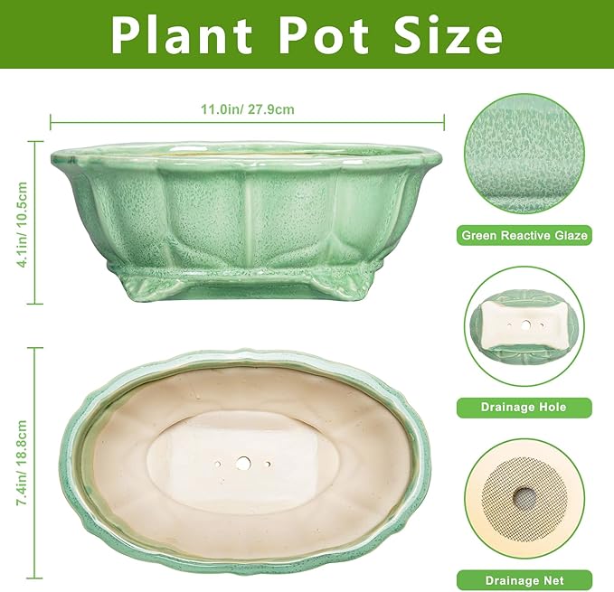 Bonsai Pots 11 Inch - Ceramic Succulent Pots with Drainage Hole, Oval Planter for Indoor Outdoor, Decorative Ceramic Flower Pot, Home Garden Room Decor, Plant Lover Gifts, Green
