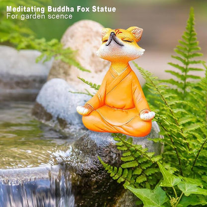 Orange Resin Fox Statue, Zen Yoga Figurine for Desktop & Garden | Mini meditative accents, garden & fox statues, fox figurines, spiritual gifts, feng shui shelf decor for plant & yoga lovers