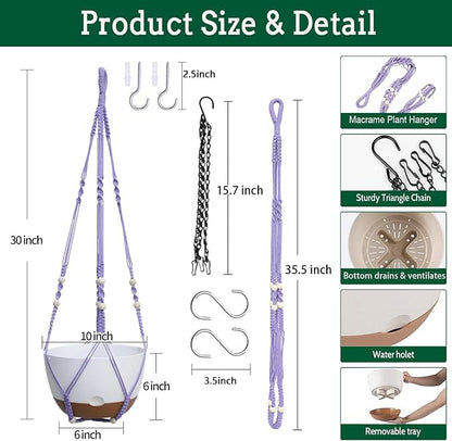 Koalaime 2 Pack Hanging Planters Set,10 Inch Indoor Outdoor Hanging Plant Pot Basket,Hanging Flower Pot with Drainage Hole with 3 Hooks for Garden Home(Purple Hanger White Planters)