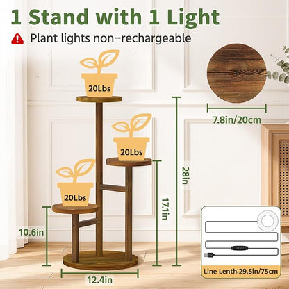 LASZOLA 3 Tiered Wood Plant Stand Indoor Corner with Grow Lights, Flower Holder Rack Tall for Multiple Plants, Rustic Planter Shelf Display for Patio Garden Balcony Living Room, Brown
