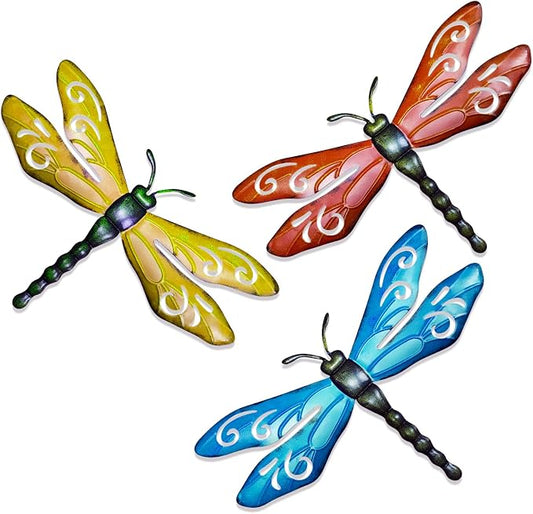 PLASUPPY Metal Dragonfly Wall Decor Outdoor Garden Fence Art Hanging Decorations for Patio, Yard, Indoor Home, Living Room, Bedroom, 3 Pack (Small)