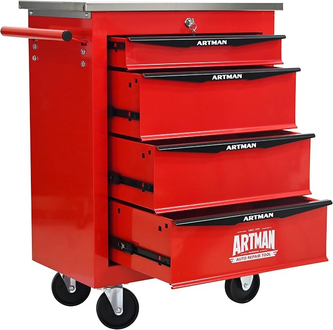 KEIKI 4 Drawers Tool Cart on Wheels,Multifunctional Rolling Tool Chest Tool Storage,Drawers Rolling Tool Trolley Organizer Tool Case for Garage, Warehouse, Workshop, Repair Shop (Red)