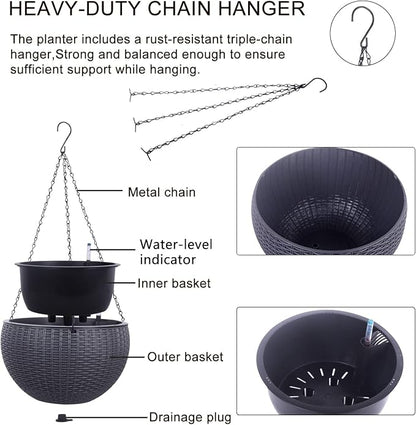 Vencer 11 Inch Round Resin Rattan Hanging Planters,Grey,VF-A15-G | Self Watering,Drain Hole,Metal Chain,Water Indicator,Indoor Outdoor