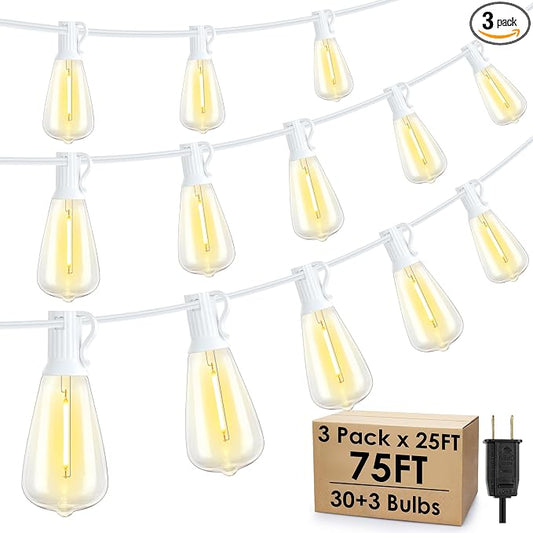 Larkvue 75FT(3x25FT) Outdoor String Lights, Patio Lights with 30+3 LED Dimmable Waterproof Connectable ST38 Bulbs for Gazebo Backyard Christmas, White