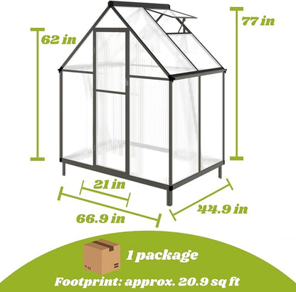 6x4FT Greenhouse for Outdoors, Polycarbonate Greenhouse with Quick Setup Structure and Roof Vent, Aluminum Large Walk-in Green House for Outside Garden Backyard, Dark Gray