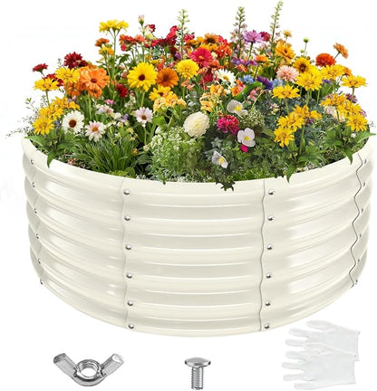 YSEJOMP 17" Tall 40" Diameter Round Raised Garden Bed Kits Outdoor White | 1.5 FT Tall,3.3FT Planter Bed for Flowers,Herbs,Vegetables,Trees,0.8MM Thick Galvanized Metal Painted,with Gloves,Tool free