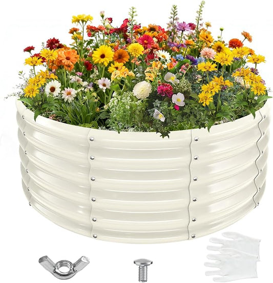YSEJOMP 17" Tall 40" Diameter Round Raised Garden Bed Kits Outdoor White | 1.5 FT Tall,3.3FT Planter Bed for Flowers,Herbs,Vegetables,Trees,0.8MM Thick Galvanized Metal Painted,with Gloves,Tool free
