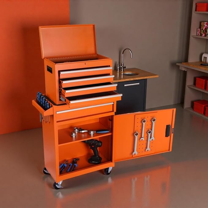 Tool Chest, 5-Drawers Rolling Tool Storage Cabinet with Detachable Top, Adjustable Shelf, Lockable Wheels & Locking Mechanism, Multifunctional Tool Cart for Garage Warehouse, Orange