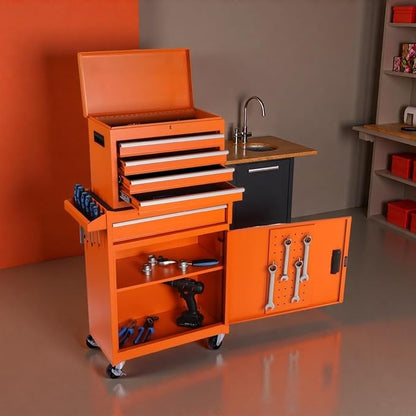 Tool Chest, 5-Drawers Rolling Tool Storage Cabinet with Detachable Top, Adjustable Shelf, Lockable Wheels & Locking Mechanism, Multifunctional Tool Cart for Garage Warehouse, Orange